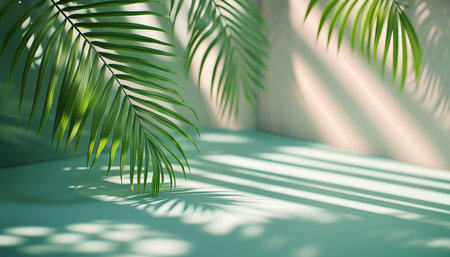 Tropical Palm Leaves with Sunlight Bokeh Effect on Sage Green and Soft Pink Stripes Backgroundの素材