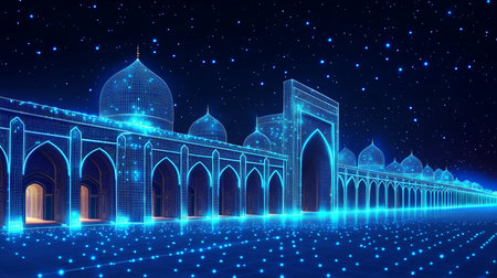 Digital Network Style of Islamic Architecture, Blue Dotted Outline of Mosque at Nightの素材