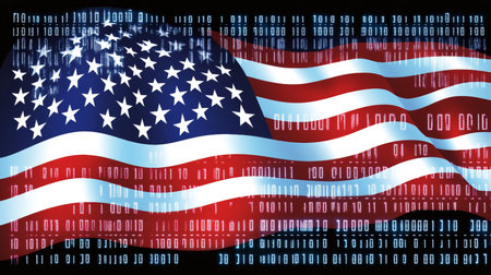Waving American Flag with Digital Overlay Symbol of Technology, Innovation and Cyber Securityの素材