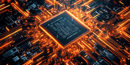 Glowing Circuit Board With Intricate Design, Vector Illustration Of Technology And Electronics.の素材