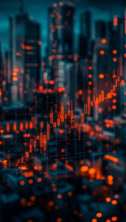 Bokeh City Lights, Financial Data, Upward Trending Line Chart, Red And Orange Numbersの素材
