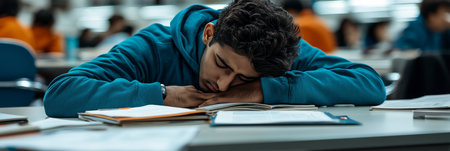 Exhausted Student Sleeping on Books in Busy College Library, Focus on Burnout, Study Pressureの素材