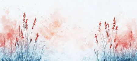 Gentle Floral Watercolor Background, Coral and Blue Watercolor Wash, Delicate Floral Detailsの素材