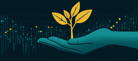 Young Seedling Held In A Hand With A Fluctuating Stock Exchange Background, Bright Colorsの素材