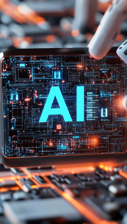 Artificial Intelligence Concept Glowing AI Text on Futuristic Device with Circuitry Backgroundの素材