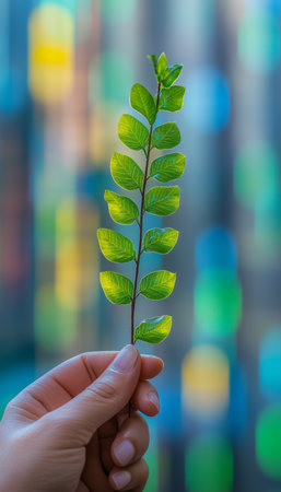 Hand Holding a Single Green Fern, Nature s Resilience Against a Colorful Blurred Backgroundの素材