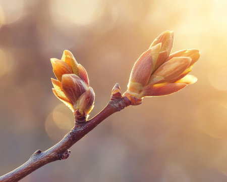 Spring Awakenings Close-Up of New Leaves on Branch with Sunlit Texture, Bokeh Backgroundの素材