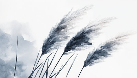 Gentle Breeze, Stylized Watercolor Meadow Grasses, Soft Grey Texture, Minimalistic Pastel Backgroundの素材