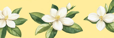 Watercolor Floral Illustration, Delicate White Flowers and Green Leaves on a Soft Yellow Backgroundの素材