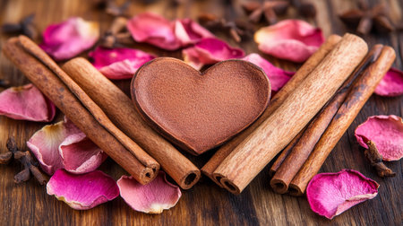 Rustic Romance Heart-Shaped Pattern of Dried Rose Petals and Cinnamon Sticks on Woodの素材