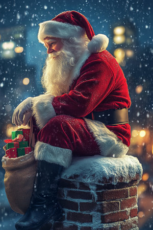 Santa Claus Taking a Break on a Snowy Rooftop, Contemplative Moment, Christmas Eve Deliveryの素材