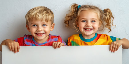Two Happy Kids Peeking Behind White Blank Sign, Children Smiling Over Empty Banner, Studio Portraitの素材