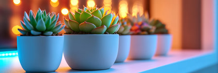 Row Of Minimalist Succulent Plants On A Windowsill With Pastel Colored Lights, Home Decoration.の素材
