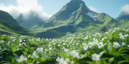 Springtime In The Mountains, Scenic View Of Lush Green Meadow Blooming With White Flowersの素材