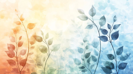 Watercolor Botanical Illustration, Peach, Yellow, Blue Backdrop, Pastel Colors, Detailed Leaf Designの素材