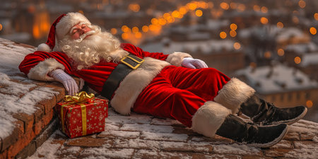 Santa Claus Takes a Break on a Snowy Rooftop, Christmas Cheer and City Lights in the Backgroundの素材