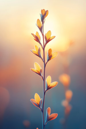 Backlit Spring Blossoms Vibrant Yellow Flowers on a Branch, Golden Hour Light, Bokeh Backgroundの素材