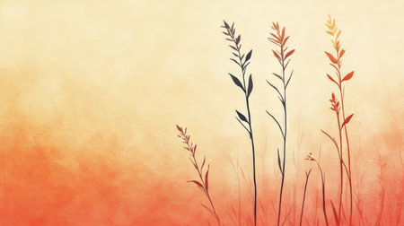 Gentle Coral Watercolor Wash With Minimalist Black Botanical Line Art, Soft Focus Backgroundの素材