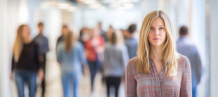 Young Woman Stands Out, Facing Camera in a Busy Office Hallway with a Serious Expressionの素材