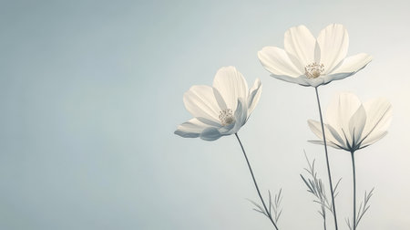Three White Cosmos Flowers on a Pastel Blue Background, Gentle Shading, Romantic Feelの素材
