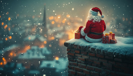 Santa Claus with Gifts on Snowy Roof, Overlooking Cityscape Decorated with Festive Christmas Lightsの素材