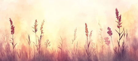 Watercolor Wildflowers and Grass, Pale Grey Background, Soft Floral Design, Elegant Nature Artの素材