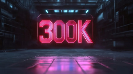 Futuristic Neon Glowing 3D Number 300K in Technology Background for Social Media Celebrationの素材