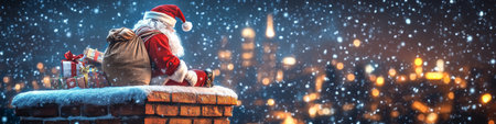 Santa Claus on a Snowy Rooftop Delivering Gifts on Christmas Eve, Magical City Lightsの素材