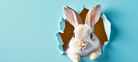 Cute Bunny Peeking Out Of Hole in Blue Wall, Fluffy Eared Rabbit Peeking through Torn Paperの素材
