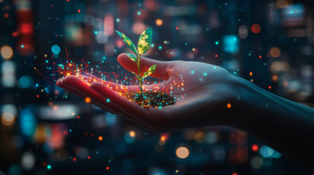 Green Growth and Innovation A Hand Holding a Glowing Seedling with a Technological City Backgroundの素材