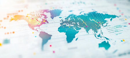 Global Financial Data, Market Analysis, World Map with Charts and Analytics Illustrationの素材