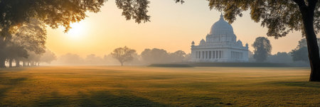 Majestic White Architectural Landmark Bathed In Golden Morning Light, With Misty Meadow Treesの素材