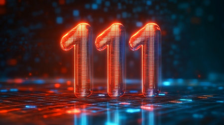 Glowing 3D Number 111 on a Futuristic Digital Background, a Concept of Technology and Innovationの素材