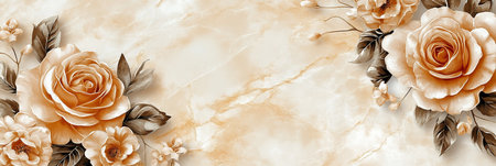Peach And White Floral Arrangement, Watercolor Vintage Roses with Tender Leaves on Marble,の素材
