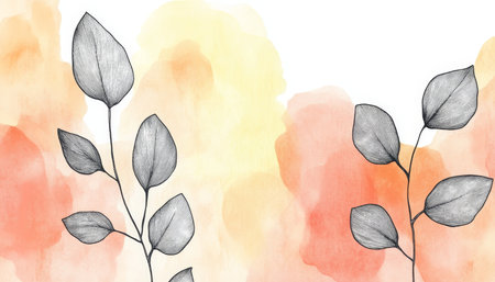 Gentle Orange Watercolor Backdrop, Elegant Ink Plant Drawings, Soft Pastel Color Paletteの素材
