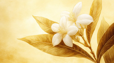 Beige Watercolor Botanical Illustration, Detailed Flowers and Leaves on Branch, Soft Focusの素材