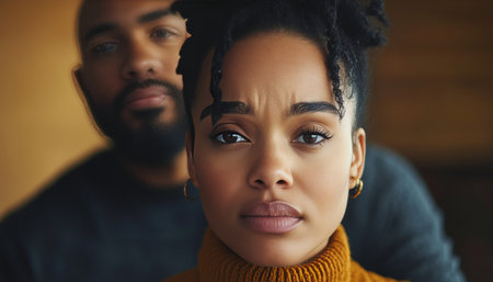 Concerned woman, serious expression, man standing close behind, shallow depth of field.の素材