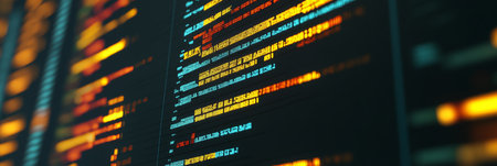 Abstract Technology Background, Computer Code Screen With Colorful Orange And Blue Colorsの素材