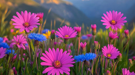 Vibrant Wildflower Meadow in Bloom Colorful Flowers Against Mountain Landscape. Golden Hour Lightの素材