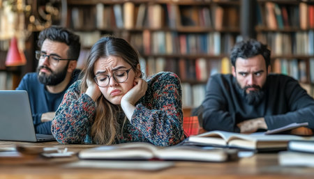 Young Woman Feeling Overwhelmed and Stressed While Studying in the Library, Surrounded by Peopleの素材