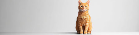 Alert and Curious Ginger Cat Sitting in a Studio, Isolated on White Background with Copy Spaceの素材