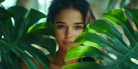 Beautiful Woman With Natural Beauty Posing Serenely, Peeking Through The Lush Tropical Greeneryの素材
