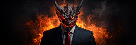 Corporate Devil A Menacing Figure in Suit, Red Tie Fiendish Mask Against Fiery Black Backgroundの素材