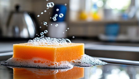 Sparkling Clean Kitchen Soap Bubbles Overflow on a Vibrant Orange Sponge Reflecting on a Stovetop.の素材