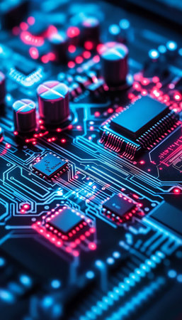 Close-Up, Modern Circuit Board, Electronic Components, Technology, Blue, Red, Futuristic, Innovationの素材