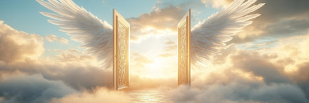 Angelic Gateway to Paradise A Celestial Scene with Golden Doors and Feathered Wingsの素材