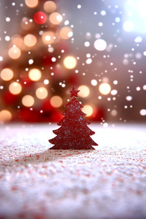 Christmas background. Wooden Christmas tree in background of blurred Christmas lightsの素材