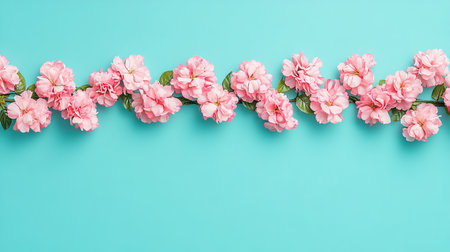 Springtime Floral Frame Delicate Pink Cherry Blossoms Border on Vivid Teal, Copy Spaceの素材