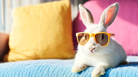 Cool Bunny with Sunglasses Relaxing on a Vibrant Sofa, Perfect for Spring and Summer Campaignsの素材
