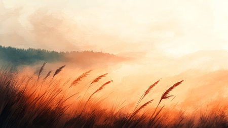 Dreamy Watercolor Meadow, Soft Orange Hues, Delicate Floral, Grass Sketches, Faded Edgesの素材